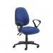 Two Dams High Back Chairs in Jota XL fabric, one in a striking shade of blue. Each chair features fixed arms and a spacious back for ultimate comfort while working.