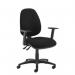 The photograph captures a sleek and modern Dams High Back Jota XL fabric operator chair, featuring adjustable arms and a black fabric back. The chair exudes professionalism and comfort, perfect for long hours of work.