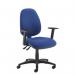 The Dams High Back Chairs Jota XL has a blue fabric back and adjustable arms. Its ergonomic design provides comfort and support for extended periods of sitting. The sleek, modern look adds style to any office space.