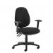 This picture features the sleek and modern design of the Dams High Back Chairs Jota XL fabric back operator chair. The chair is a classic black color and includes folding arms for added versatility. A perfect addition to any office space.