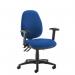 A picture of the Dams High Back Chairs Jota XL fabric back operator chair with folding arms in blue shows a sleek and modern design. The high back provides support while the folding arms add convenience. The blue fabric adds a pop of color to any office setting.