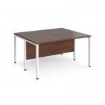 Maestro 25 back to back straight desks 1400mm x 1200mm - white bench leg frame, walnut top MB1412BWHW