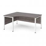 Maestro 25 left hand ergonomic desk 1600mm wide - white bench leg frame, grey oak top MB16ELWHGO