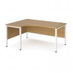 Maestro 25 left hand ergonomic desk 1600mm wide - white bench leg frame and oak top