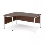 Maestro 25 left hand ergonomic desk 1600mm wide - white bench leg frame, walnut top MB16ELWHW