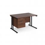 Maestro 25 straight desk 1200mm x 800mm with 2 drawer pedestal - black cantilever leg frame, walnut top MC12P2KW