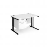 Maestro 25 straight desk 1200mm x 800mm with 2 drawer pedestal - black cantilever leg frame, white top MC12P2KWH