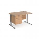 Maestro 25 straight desk 1200mm x 800mm with 2 drawer pedestal - silver cantilever leg frame, beech top MC12P2SB