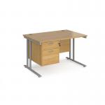 Maestro 25 straight desk 1200mm x 800mm with 2 drawer pedestal - silver cantilever leg frame, oak top MC12P2SO