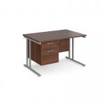 Maestro 25 straight desk 1200mm x 800mm with 2 drawer pedestal - silver cantilever leg frame, walnut top MC12P2SW