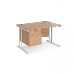 Maestro 25 straight desk 1200mm x 800mm with 2 drawer pedestal - white cantilever leg frame, beech top MC12P2WHB