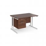 Maestro 25 straight desk 1200mm x 800mm with 2 drawer pedestal - white cantilever leg frame, walnut top MC12P2WHW