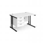 Maestro 25 straight desk 1200mm x 800mm with 3 drawer pedestal - black cantilever leg frame, white top MC12P3KWH