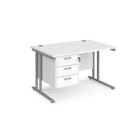 Maestro 25 straight desk 1200mm x 800mm with 3 drawer pedestal - silver cantilever leg frame, white top MC12P3SWH