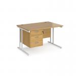 Maestro 25 straight desk 1200mm x 800mm with 3 drawer pedestal - white cantilever leg frame, oak top MC12P3WHO