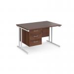 Maestro 25 straight desk 1200mm x 800mm with 3 drawer pedestal - white cantilever leg frame, walnut top MC12P3WHW