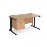 Maestro 25 straight desk 1400mm x 800mm with 2 drawer pedestal - black cantilever leg frame and beech top