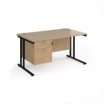 Maestro 25 straight desk 1400mm x 800mm with 2 drawer pedestal - black cantilever leg frame, Kendal oak top MC14P2KKO