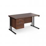 Maestro 25 straight desk 1400mm x 800mm with 2 drawer pedestal - black cantilever leg frame, walnut top MC14P2KW