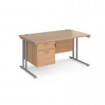 Maestro 25 straight desk 1400mm x 800mm with 2 drawer pedestal - silver cantilever leg frame, beech top MC14P2SB