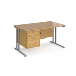 Maestro 25 straight desk 1400mm x 800mm with 2 drawer pedestal - silver cantilever leg frame, oak top MC14P2SO