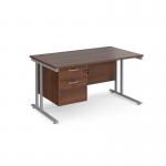 Maestro 25 straight desk 1400mm x 800mm with 2 drawer pedestal - silver cantilever leg frame, walnut top MC14P2SW