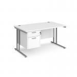 Maestro 25 straight desk 1400mm x 800mm with 2 drawer pedestal - silver cantilever leg frame, white top MC14P2SWH