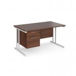 Maestro 25 straight desk 1400mm x 800mm with 2 drawer pedestal - white cantilever leg frame, walnut top MC14P2WHW