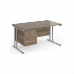 Maestro 25 straight desk 1400mm x 800mm with 3 drawer pedestal - silver cantilever leg frame, Nebraska oak top MC14P3SNO