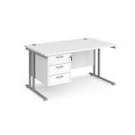 Maestro 25 straight desk 1400mm x 800mm with 3 drawer pedestal - silver cantilever leg frame, white top MC14P3SWH
