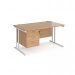 Maestro 25 straight desk 1400mm x 800mm with 3 drawer pedestal - white cantilever leg frame, beech top MC14P3WHB