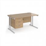 Maestro 25 straight desk 1400mm x 800mm with 3 drawer pedestal - white cantilever leg frame, Kendal oak top MC14P3WHKO