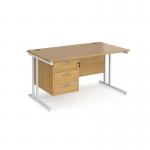 Maestro 25 straight desk 1400mm x 800mm with 3 drawer pedestal - white cantilever leg frame, oak top MC14P3WHO