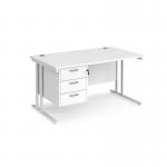 Maestro 25 straight desk 1400mm x 800mm with 3 drawer pedestal - white cantilever leg frame, white top MC14P3WHWH