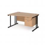 Maestro 25 left hand wave desk 1400mm wide with 2 drawer pedestal - black cantilever leg frame, beech top MC14WLP2KB