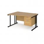 Maestro 25 left hand wave desk 1400mm wide with 2 drawer pedestal - black cantilever leg frame, oak top MC14WLP2KO