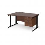 Maestro 25 left hand wave desk 1400mm wide with 2 drawer pedestal - black cantilever leg frame, walnut top MC14WLP2KW