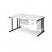 Maestro 25 left hand wave desk 1400mm wide with 2 drawer pedestal - black cantilever leg frame, white top MC14WLP2KWH