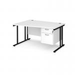 Maestro 25 left hand wave desk 1400mm wide with 2 drawer pedestal - black cantilever leg frame, white top MC14WLP2KWH