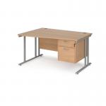 Maestro 25 left hand wave desk 1400mm wide with 2 drawer pedestal - silver cantilever leg frame, beech top MC14WLP2SB