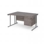 Maestro 25 left hand wave desk 1400mm wide with 2 drawer pedestal - silver cantilever leg frame, grey oak top MC14WLP2SGO