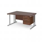 Maestro 25 left hand wave desk 1400mm wide with 2 drawer pedestal - silver cantilever leg frame, walnut top MC14WLP2SW