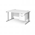 Maestro 25 left hand wave desk 1400mm wide with 2 drawer pedestal - silver cantilever leg frame, white top MC14WLP2SWH