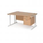 Maestro 25 left hand wave desk 1400mm wide with 2 drawer pedestal - white cantilever leg frame, beech top MC14WLP2WHB