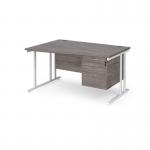 Maestro 25 left hand wave desk 1400mm wide with 2 drawer pedestal - white cantilever leg frame, grey oak top MC14WLP2WHGO