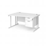 Maestro 25 left hand wave desk 1400mm wide with 2 drawer pedestal - white cantilever leg frame, white top MC14WLP2WHWH
