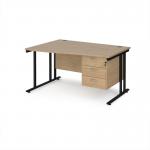 Maestro 25 left hand wave desk 1400mm wide with 3 drawer pedestal - black cantilever leg frame, Kendal oak top MC14WLP3KKO