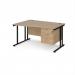 Maestro 25 left hand wave desk 1400mm wide with 3 drawer pedestal - black cantilever leg frame, Kendal oak top MC14WLP3KKO