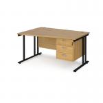 Maestro 25 left hand wave desk 1400mm wide with 3 drawer pedestal - black cantilever leg frame, oak top MC14WLP3KO