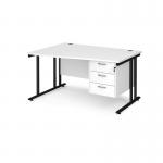 Maestro 25 left hand wave desk 1400mm wide with 3 drawer pedestal - black cantilever leg frame, white top MC14WLP3KWH